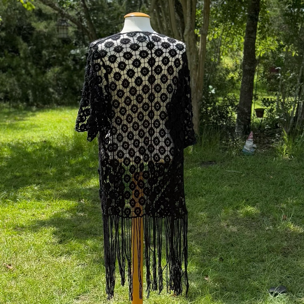 Rebellion Again Black Fringe Crocheted Cover Up Cardigan Size Medium (CWT0002) - Picture 3 of 7